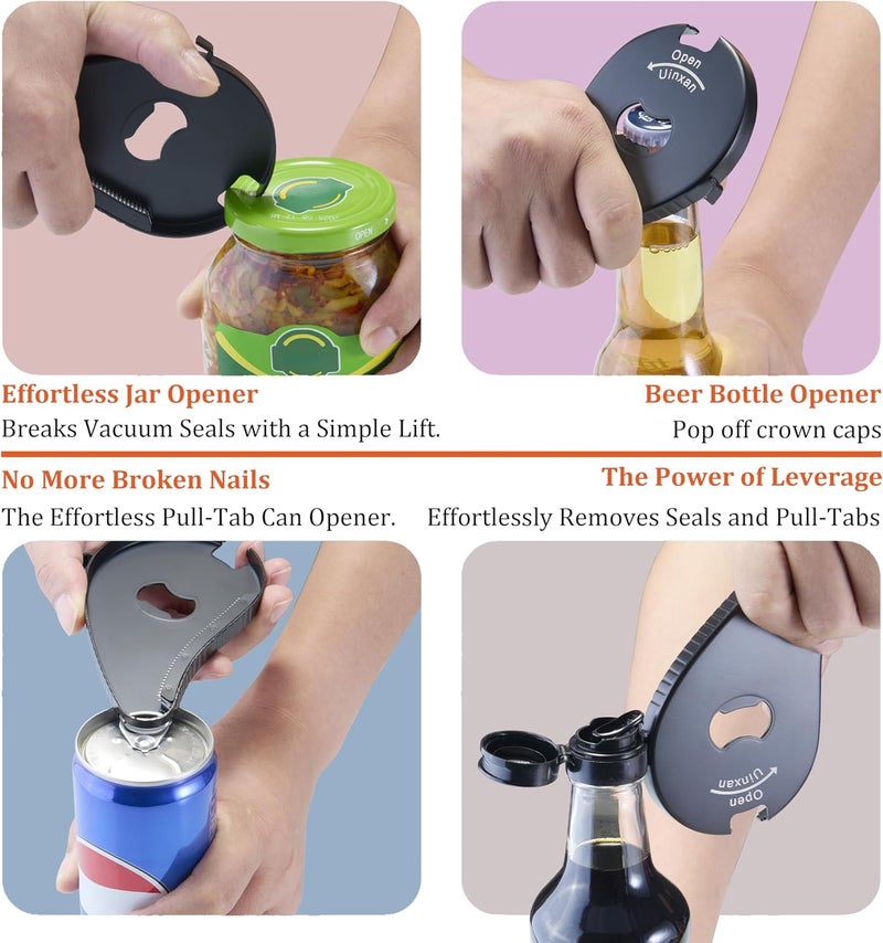 Uinxan Jar Bottle Can Opener for Weak Hand & Seniors with Arthritis-Easy Twist Off Caps (0.6"-2.7") & Pull Tab Seals,Unique Kitchen Gadget,Multi,Portable Christmas Gifts for Elderly/Women/Men (Black) - Image 4
